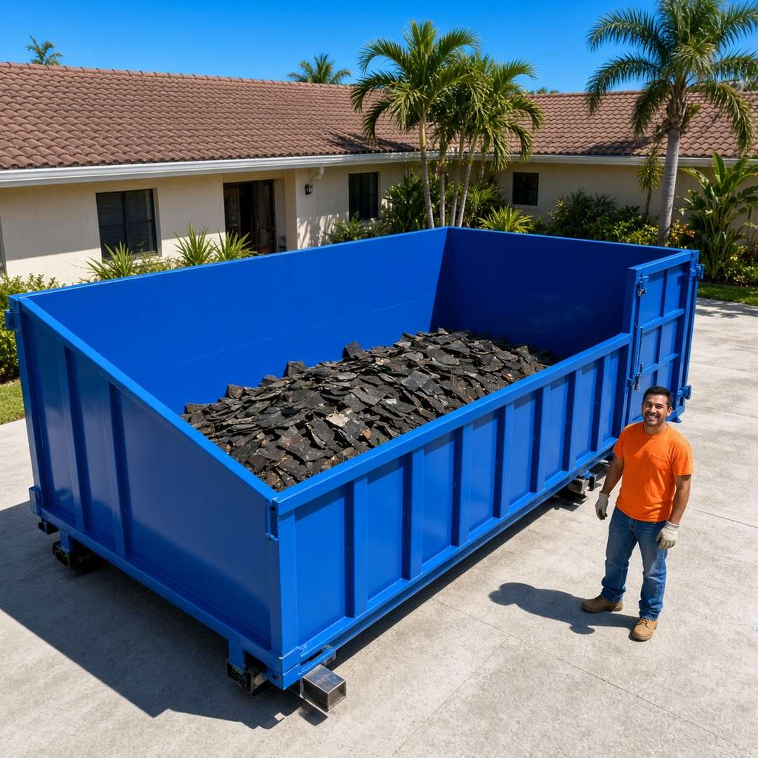 20-yard roll-off dumpster filling with roofing shingles in Estero, FL