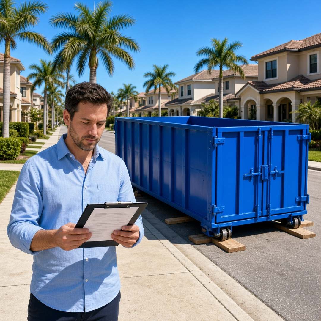 Person reviewing dumpster permit rules on a clipboard beside a roll-off in Estero