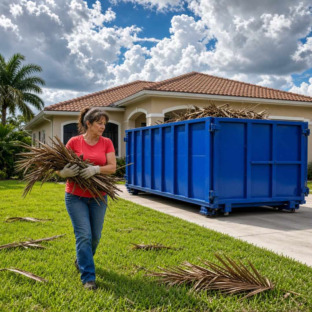 Homeowner clearing hurricane storm debris into a roll-off in Estero, FL