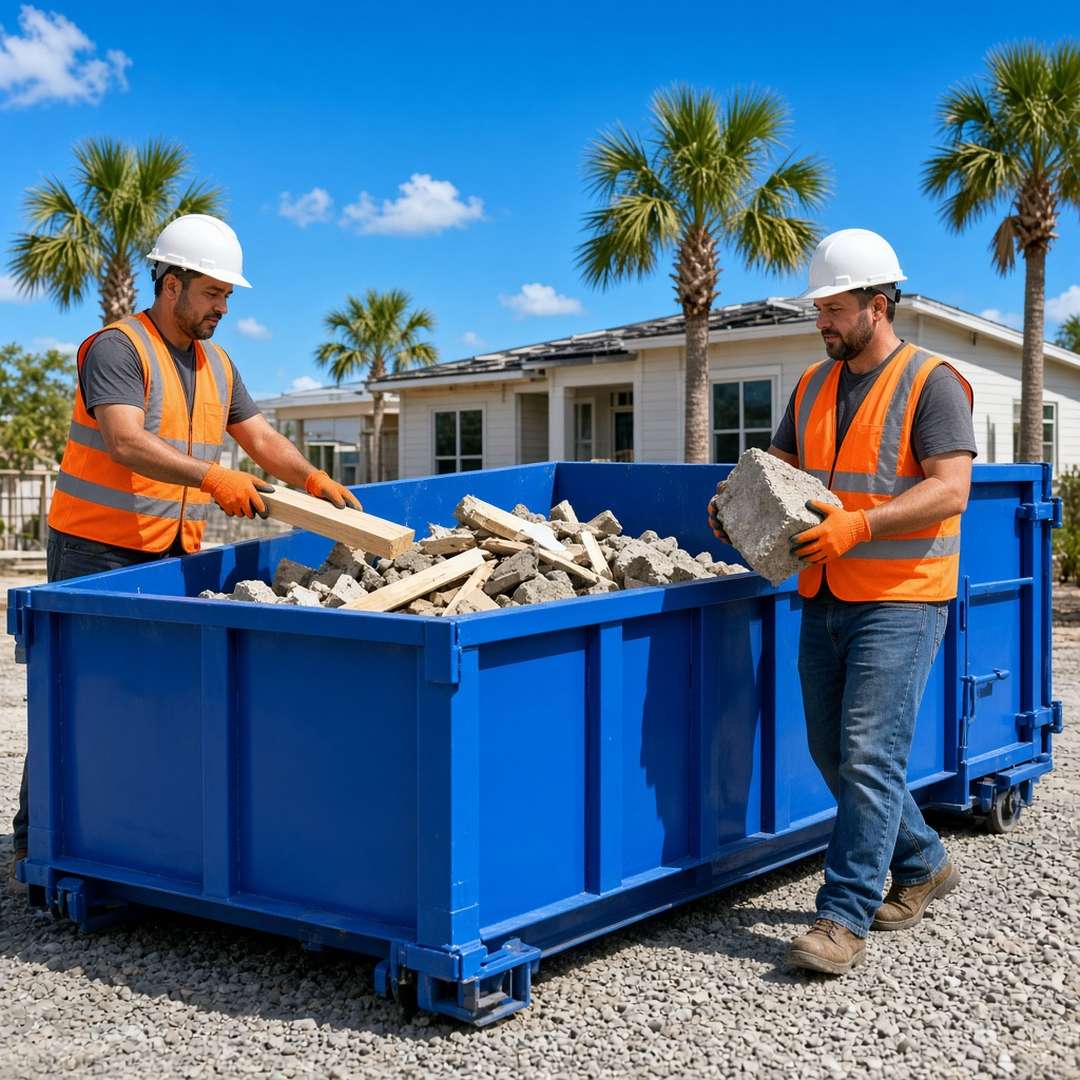 Workers loading concrete and lumber C&D debris into a roll-off in Estero