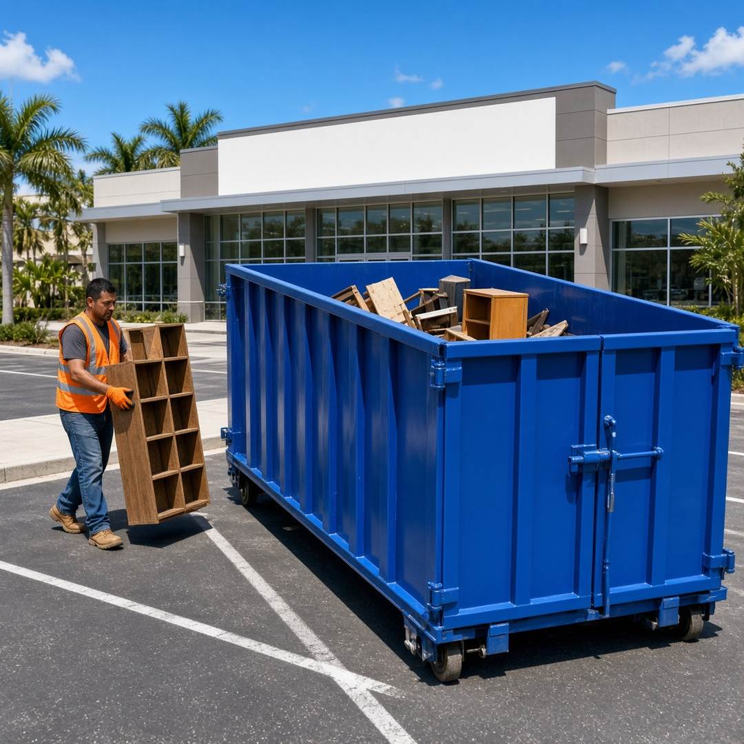 Roll-off dumpster outside an Estero retail storefront during a build-out