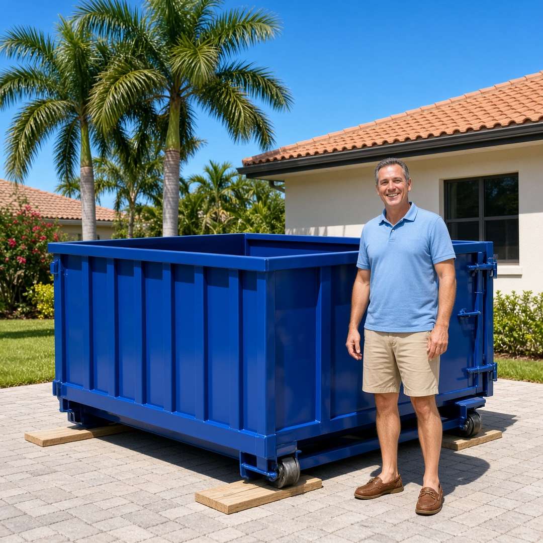 Roll-off dumpster on an Estero, FL driveway with a homeowner beside it