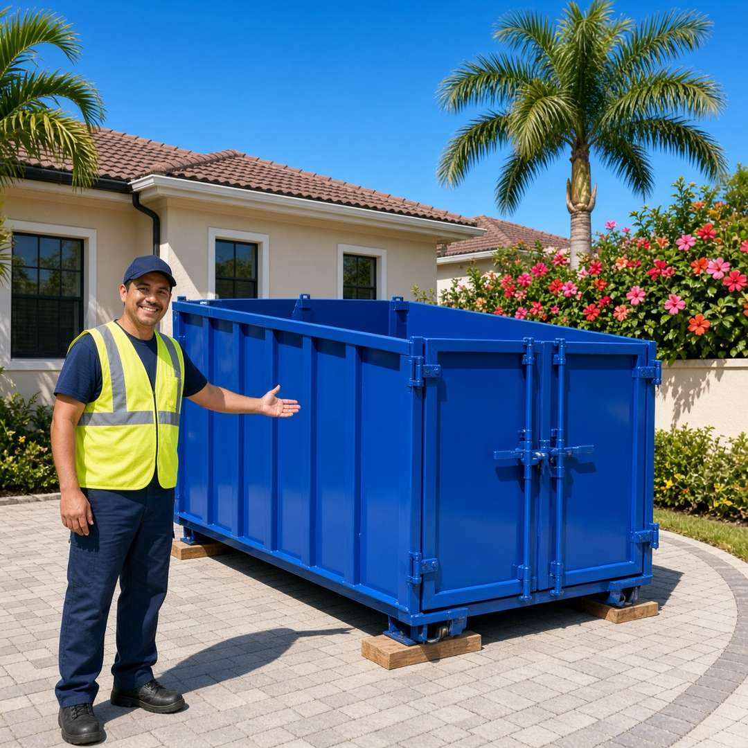 Roll-off dumpster on an Estero residential driveway with a worker