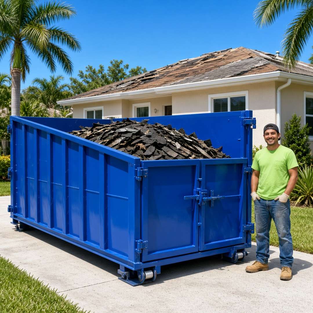 Roll-off dumpster filling with roofing shingles beside an Estero home