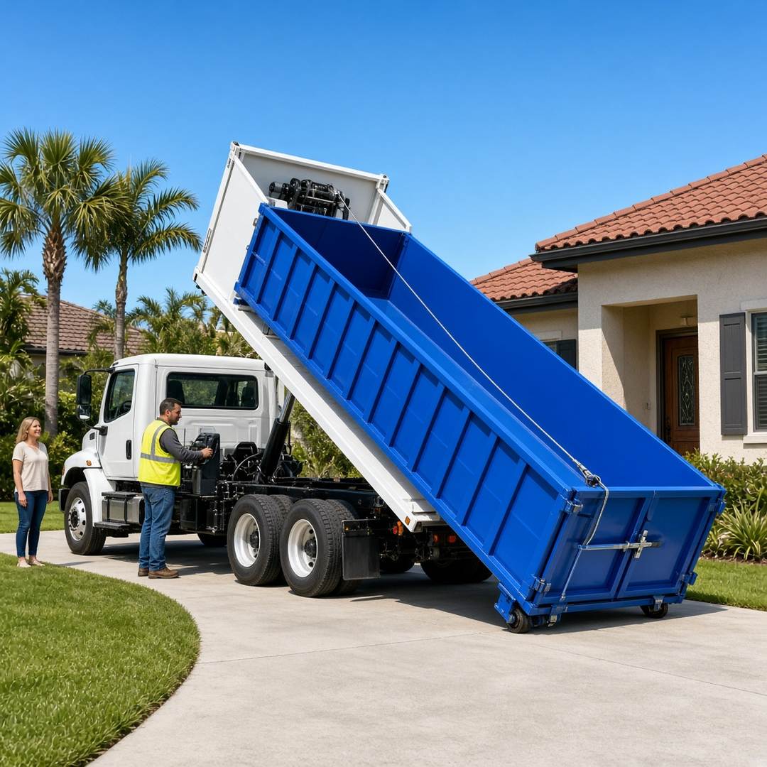 Delivery driver rolling a dumpster off a truck onto an Estero driveway